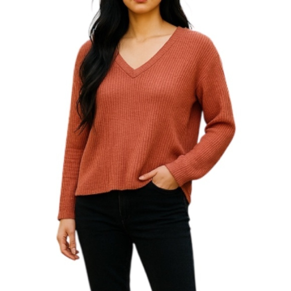 OLIVIA RAE Waffle-knit V-Neck Top Pink Cinnamon Long Sleeve Fuzzy Size M